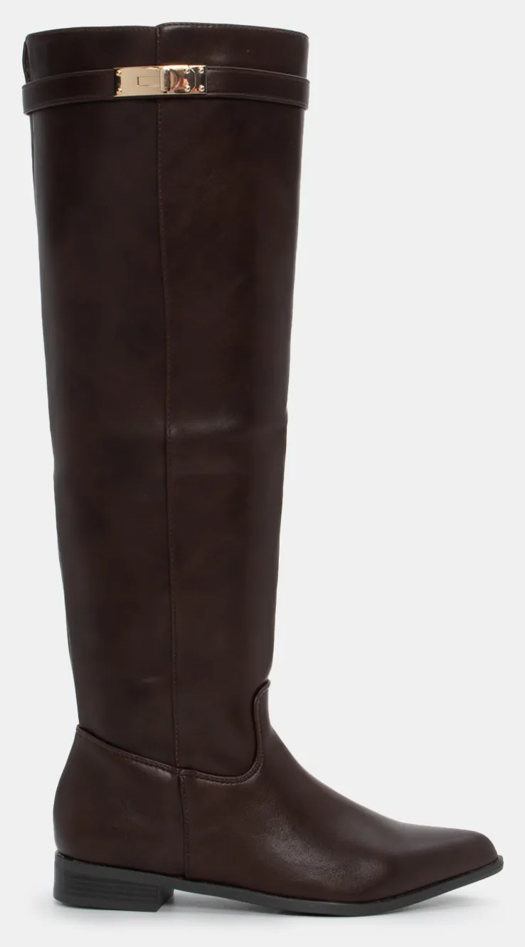 Μπότες Μυτερές με Διακοσμητικό Λουράκι - Καφέ Σκούρο