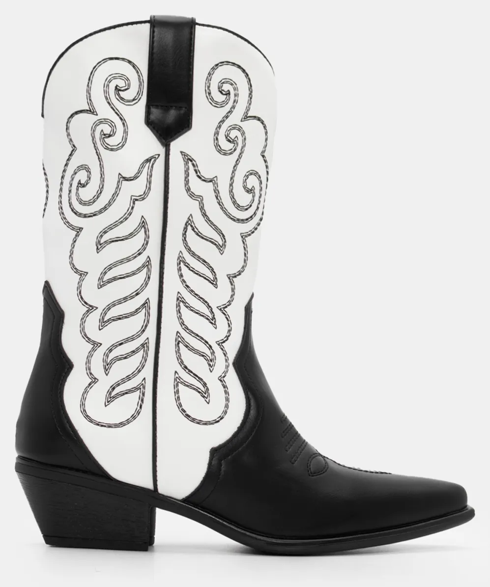 Μποτάκια Cowboy Μυτερά με Κέντημα - Άσπρο+Μαύρο