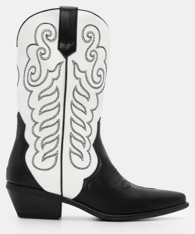Μποτάκια Cowboy Μυτερά με Κέντημα - Άσπρο+Μαύρο