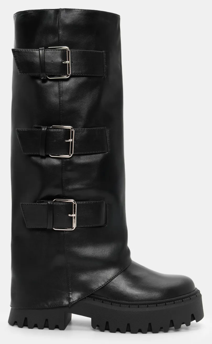 Μπότες με Εφέ Αναδιπλούμενης Φάσας & Διακοσμητικά Λουράκια - Μαύρο