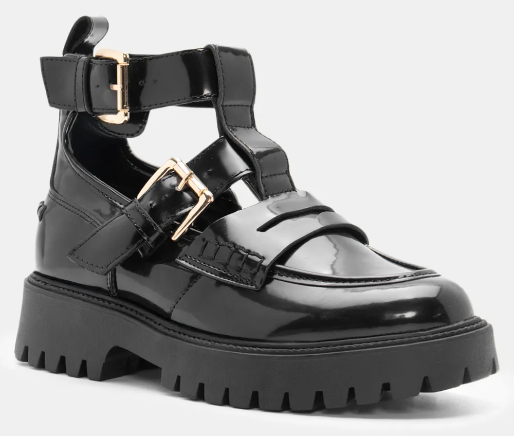 Μοκασίνια με Διπλά Λουράκια - Μαύρο-Λουστρίνι