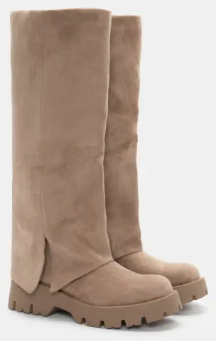 Μπότες με Εφέ Αναδιπλούμενης Φάσας & Τρακτερωτή Σόλα - Μπεζ-Σκούρο