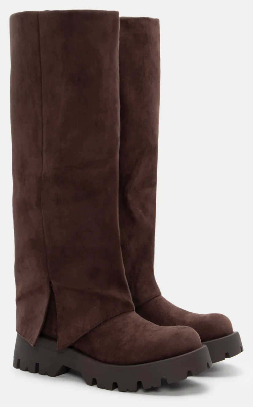 Μπότες με Εφέ Αναδιπλούμενης Φάσας & Τρακτερωτή Σόλα - Καφέ Σκούρο
