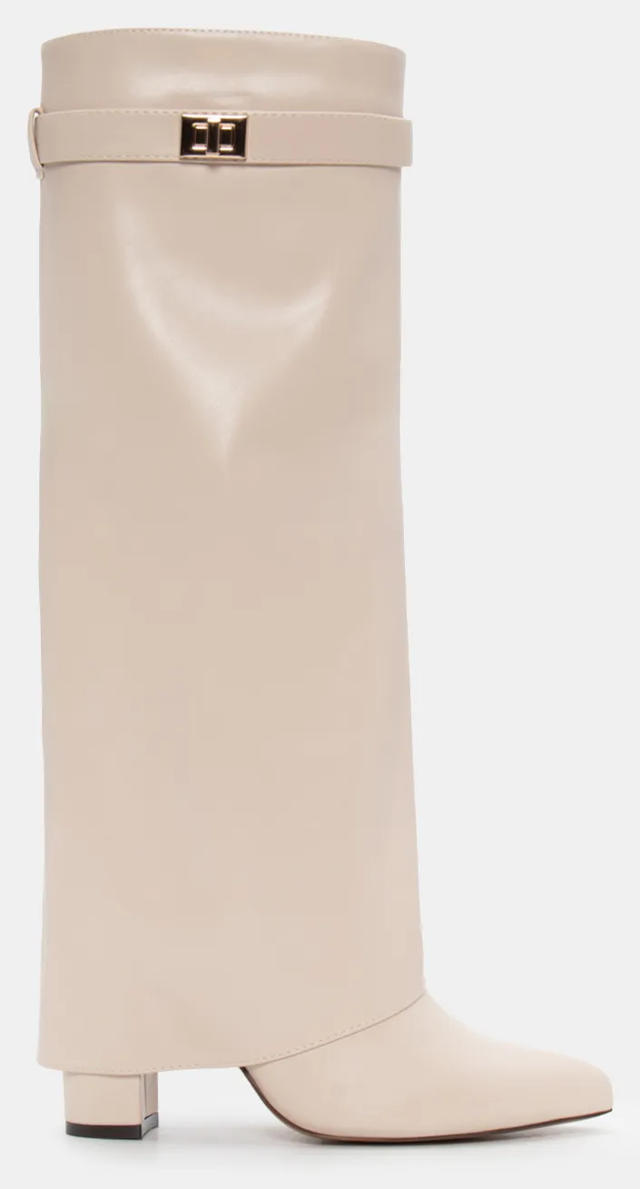 Μπότες με Εφέ Αναδιπλούμενης Φάσας & Διακοσμητικό Λουράκι - Μπεζ