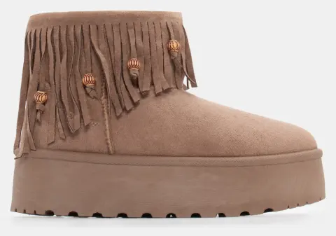 Μποτάκια Δίσολα με Εσωτερική Επένδυση Γούνας & Διακοσμητικά Κρόσσια - Μπεζ-Σκούρο