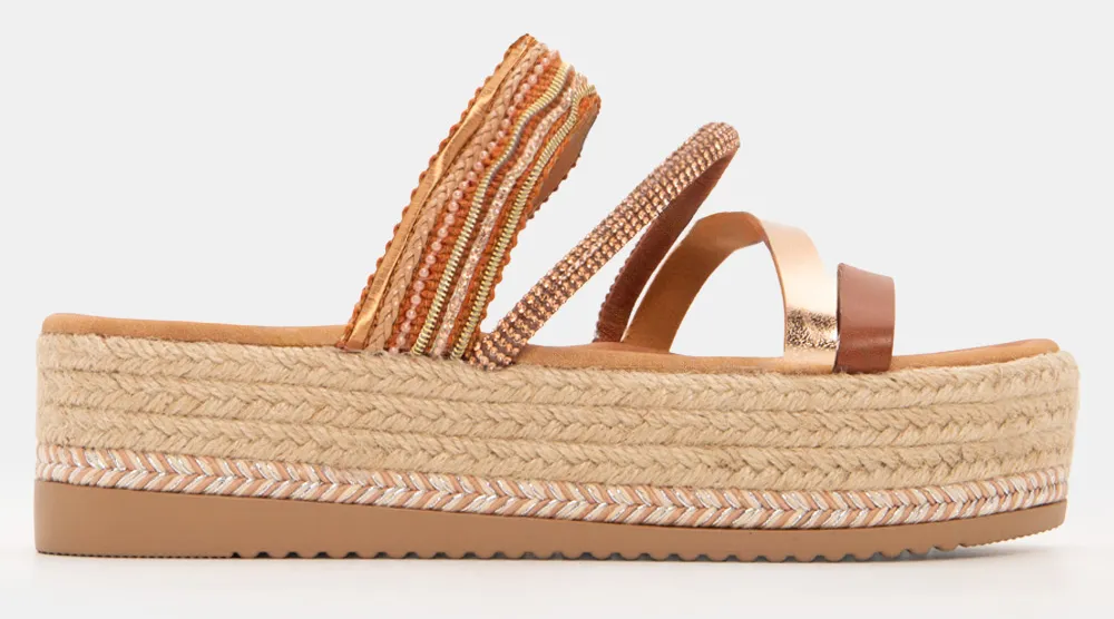 Πλατφόρμες Εσπαντρίγιες με Λουράκια & Strass - Κάμελ