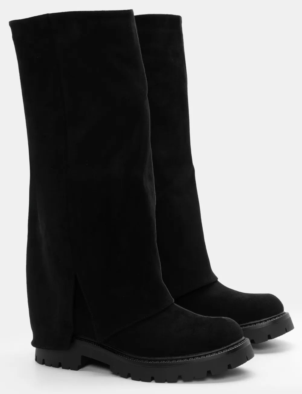 Μπότες με Εφέ Αναδιπλούμενης Φάσας & Τρακτερωτή Σόλα - Μαύρο