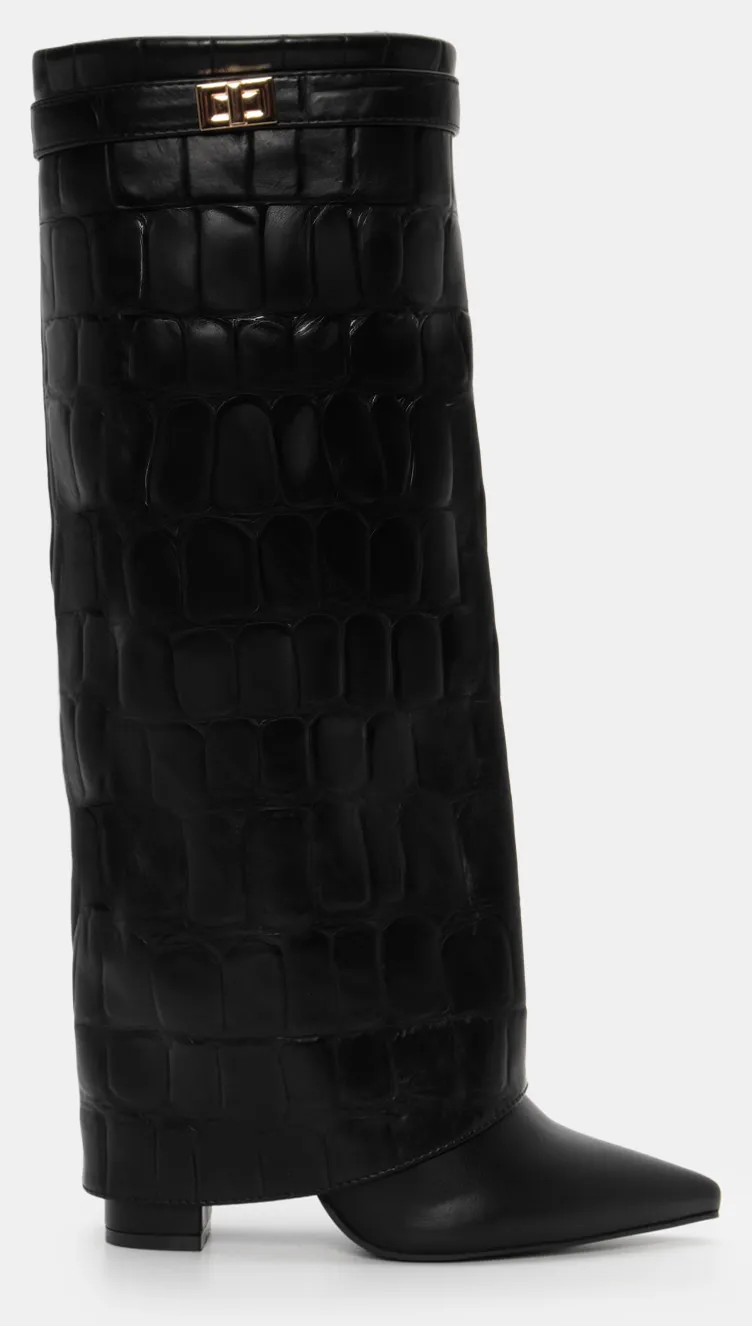 Μπότες με Εφέ Αναδιπλούμενης Φάσας & Λεπτομέρεια Croco - Μαύρο