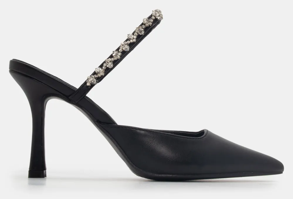 Γόβες Mule με Διακοσμητικές Πέτρες & Strass - Μαύρο