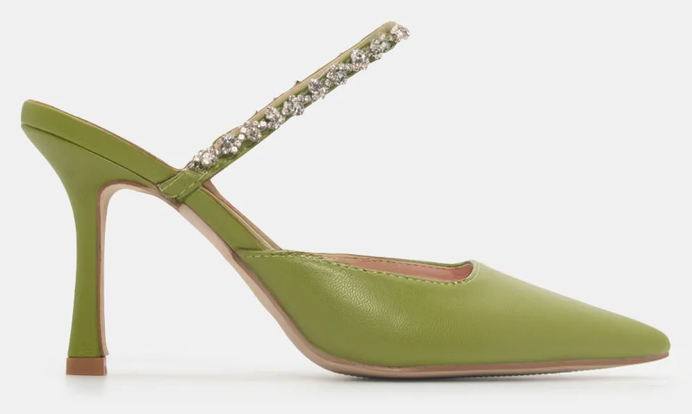 Γόβες Mule με Διακοσμητικές Πέτρες & Strass - Λαχανί