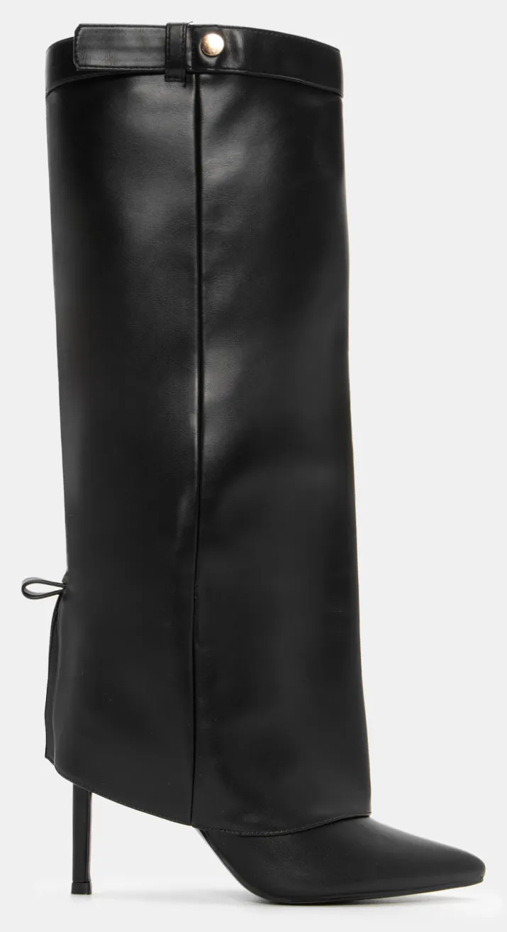 Μπότες με Εφέ Αναδιπλούμενης Φάσας & Διακοσμητικό Λουράκι - Μαύρο