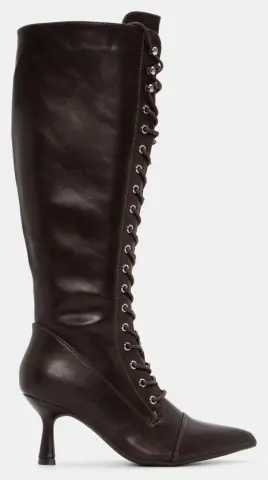 Μπότες Μυτερές Μονόχρωμες με Κορδόνια - Καφέ Σκούρο