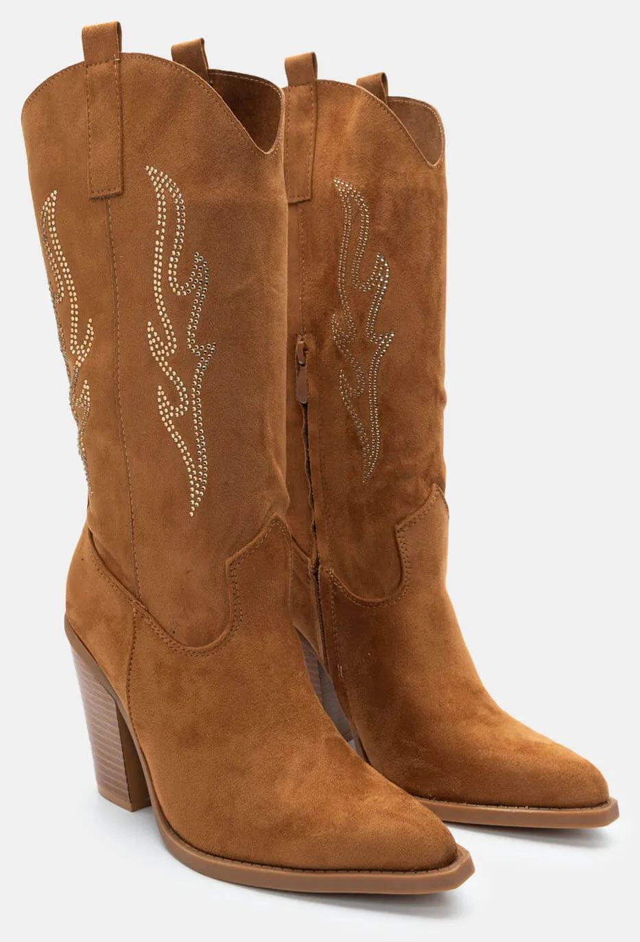 Μποτάκια Cowboy με Διακοσμητικές Φωτιές Από Strass - Κάμελ