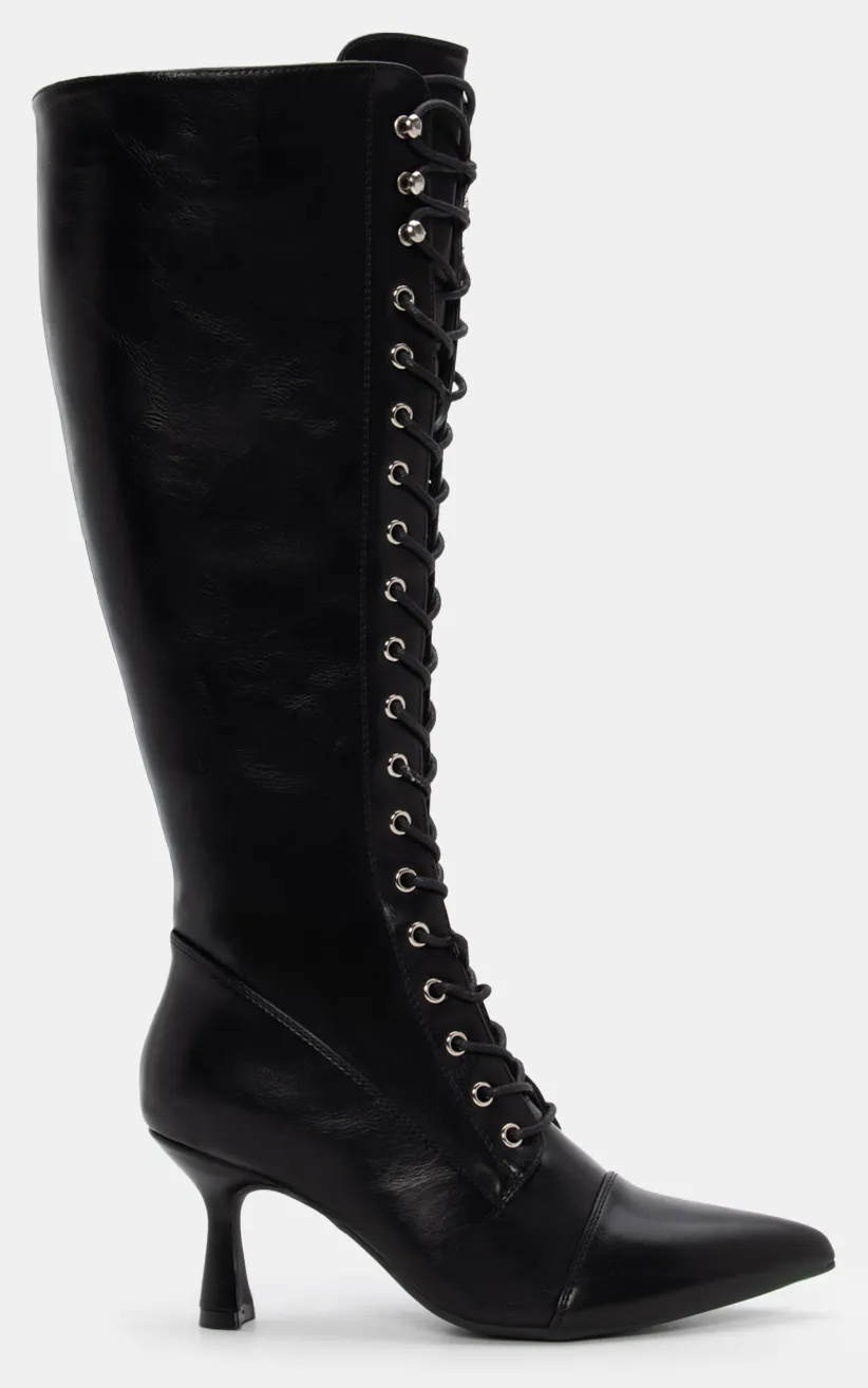 Μπότες Μυτερές Μονόχρωμες με Κορδόνια - Μαύρο