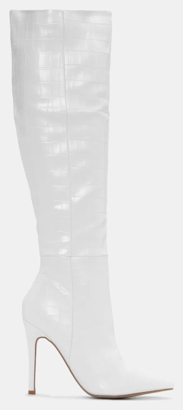 Μπότες Μυτερές Croco Over the Knee - Λευκό