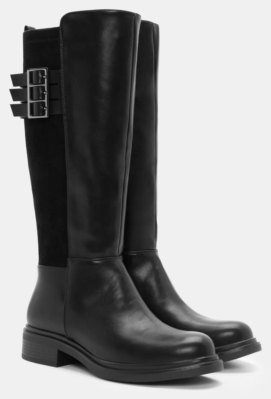 Μπότες σε Συνδυασμό Υλικών & Διακοσμητικά Λουράκια - Μαύρο