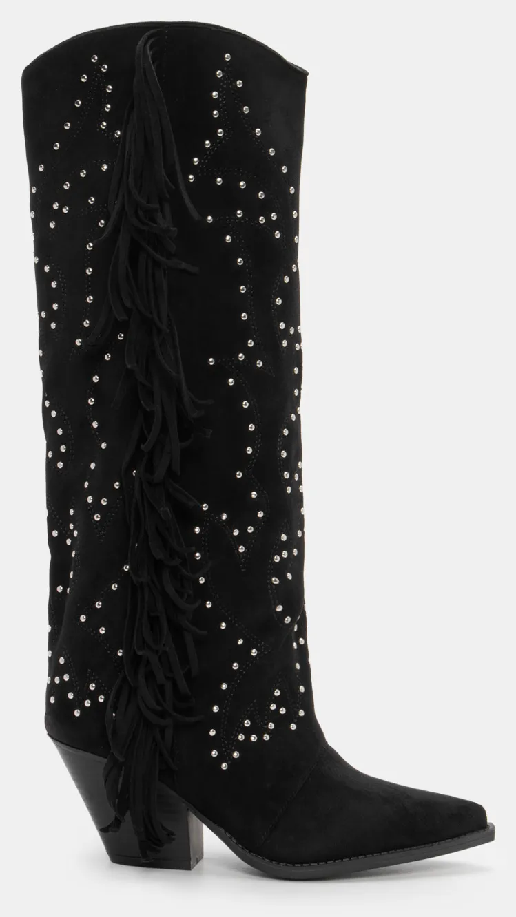 Μπότες Cowboy με Διακοσμητικά Κρόσσια & Τρούκς - Μαύρο