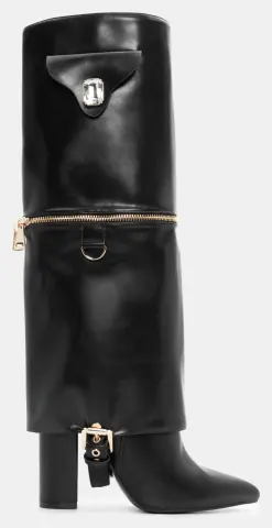 Μπότες με Εφέ Αναδιπλούμενης Φάσας & Διακοσμητικό Φερμουάρ - Μαύρο