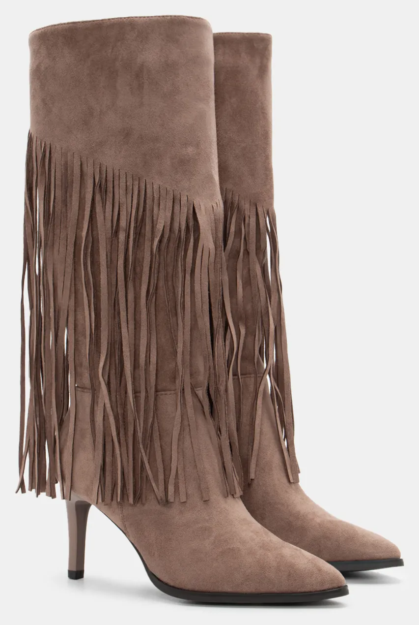 Μπότες Μυτερές με Κρόσσια - Μπεζ-Σκούρο