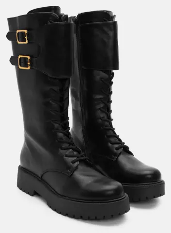 Μπότες με Κορδόνια & Διακοσμητικό Ζωνάκι - Μαύρο