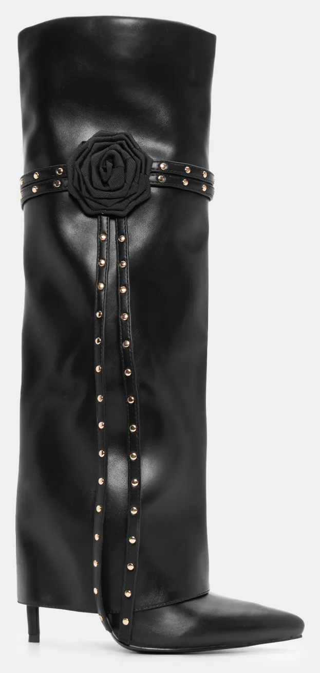 Μπότες Μυτερές με Εφέ Αναδιπλούμενης Φάσας & Διακοσμητικό Λουλούδι - Μαύρο