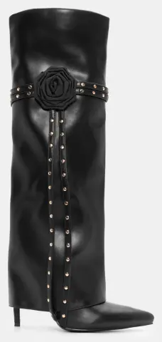 Μπότες Μυτερές με Εφέ Αναδιπλούμενης Φάσας & Διακοσμητικό Λουλούδι - Μαύρο