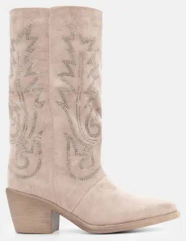 Μπότες Cowboy με Διακοσμητικές Φωτιές από Strass - Μπεζ-Σκούρο