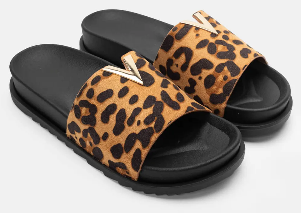 Flatform Σανδάλια με Μεταλλική Λεπτομέρεια V - Animal Print
