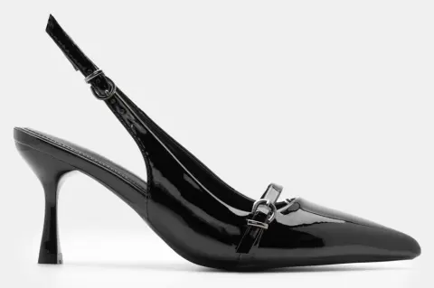 Γόβες Μυτερές Slingback με Τόκες - Μαύρο-Λουστρίνι