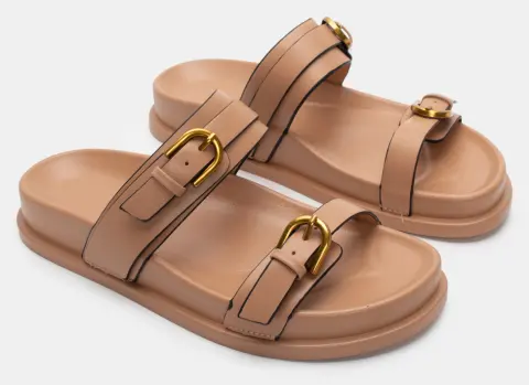 Σανδάλια Flatform με Διπλές Τόκες - Μπεζ-Σκούρο