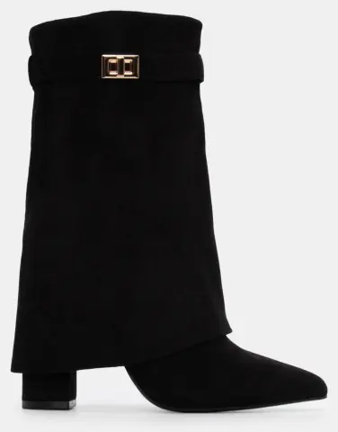 Μποτάκια με Εφέ Αναδίπλωσης Φάσας & Διακοσμητικό Λουράκι - Μαύρο