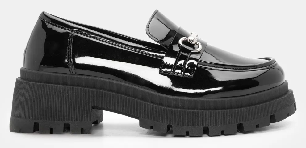 Μοκασίνια με Τρακτερωτή Σόλα & Αγκράφα - Μαύρο-Λουστρίνι