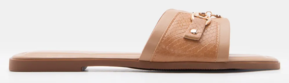 Flat Σανδάλια με Διακοσμητική Αγκράφα - Μπεζ-Σκούρο