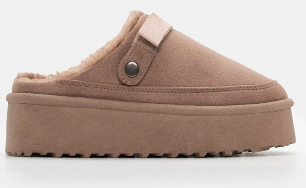 Clogs Σαμπό με Εσωτερική Επένδυση Γούνας - Μπεζ-Σκούρο