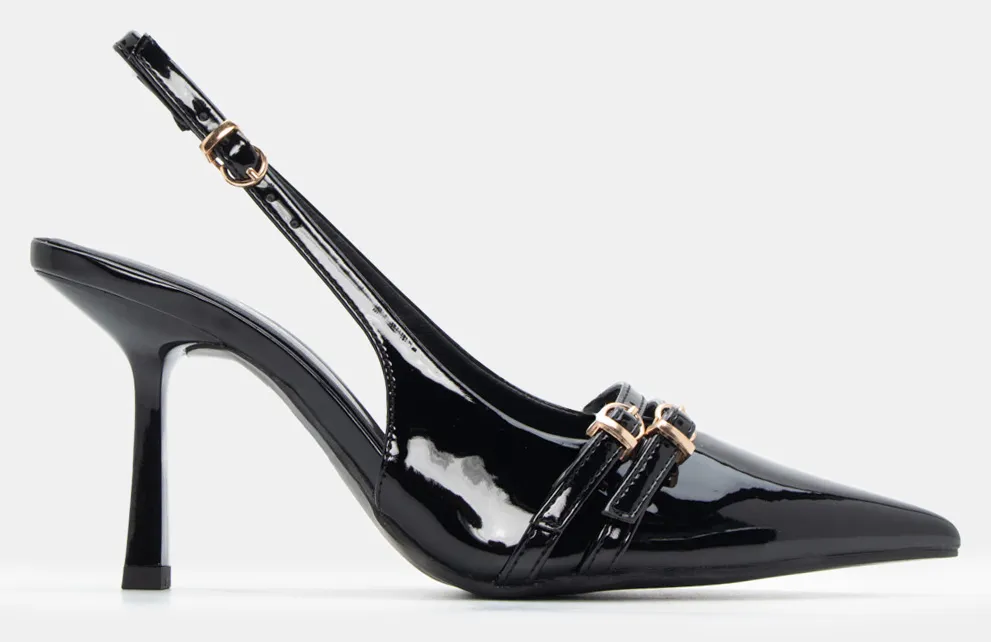 Γόβες Μυτερές με Διακοσμητικά Λουράκια - Μαύρο-Λουστρίνι