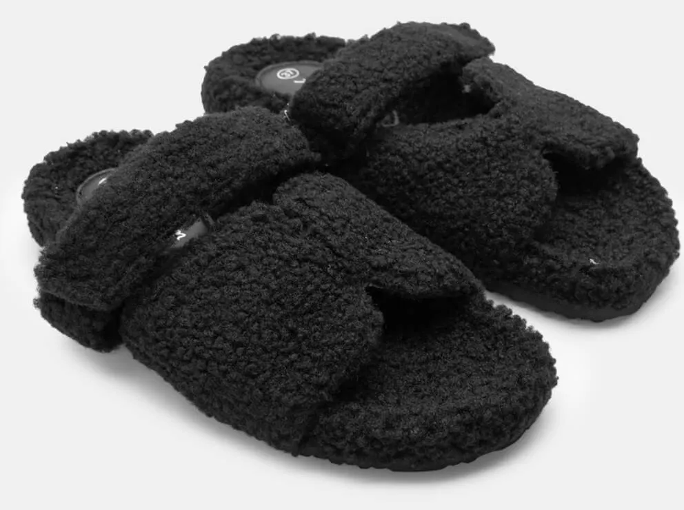 Παντόφλες με Γούνα και Λουράκι Sctrach - Μαύρο