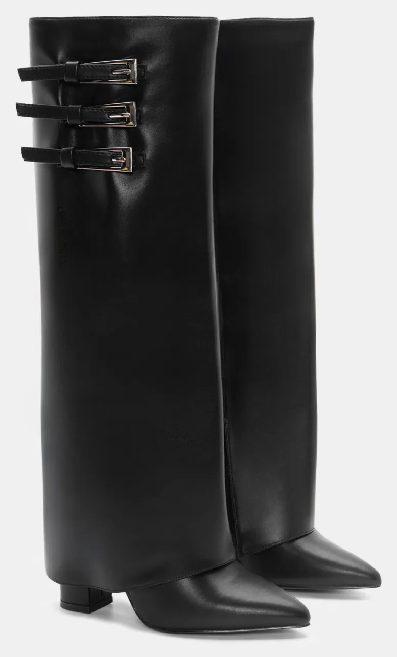 Μπότες Μυτερές με Εφέ Αναδιπλούμενης Φάσας & Τόκες - Μαύρο