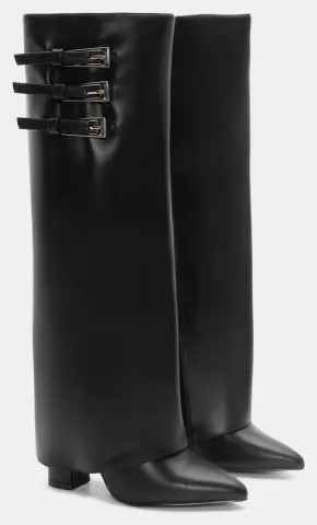 Μπότες Μυτερές με Εφέ Αναδιπλούμενης Φάσας & Τόκες - Μαύρο