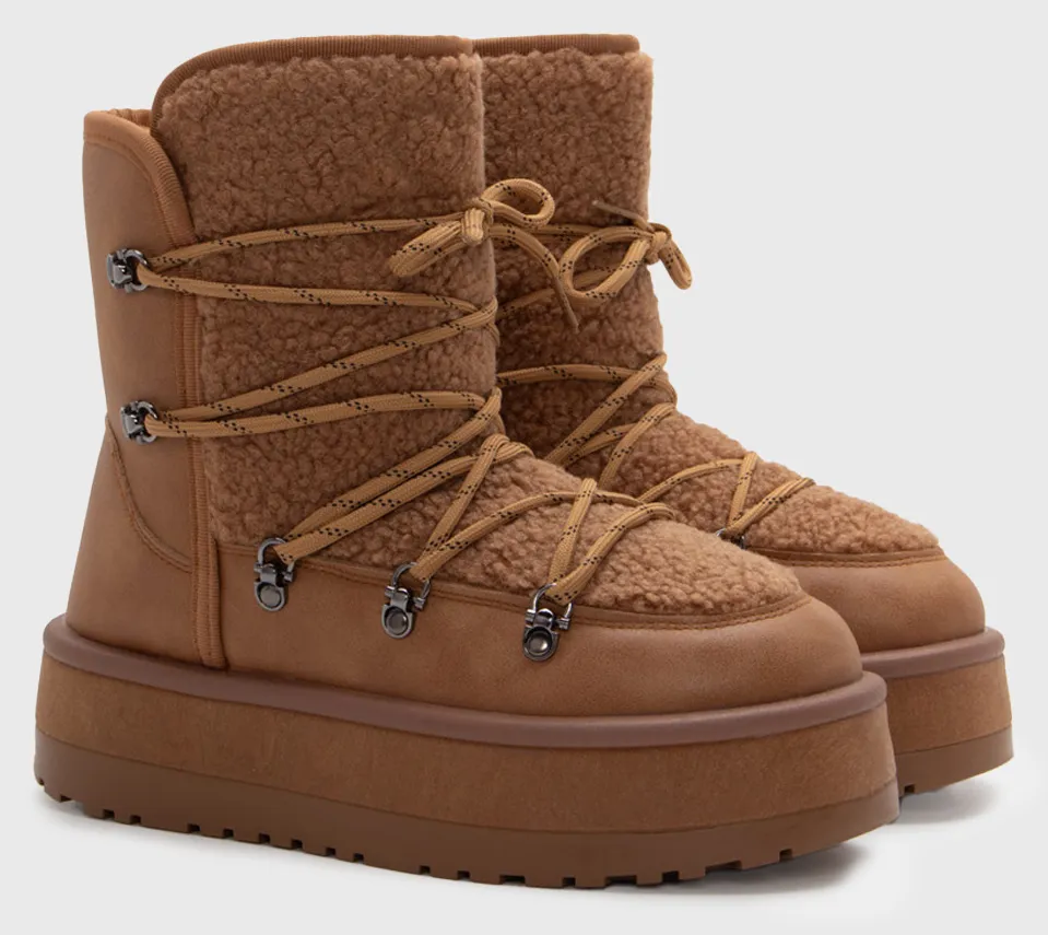 Μποτάκια Χιονιού με Κορδόνια - Κάμελ