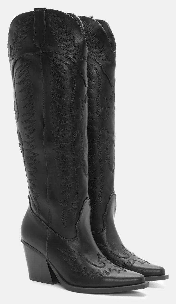 Μπότες Μυτερές Cowboy με Κέντημα - Μαύρο