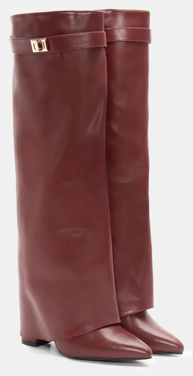 Μπότες με Εφέ Αναδιπλούμενης Φάσας & Διακοσμητικό Λουράκι - Μπορντό