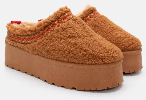 Παντόφλες Δίσολες με Γούνα - Κάμελ