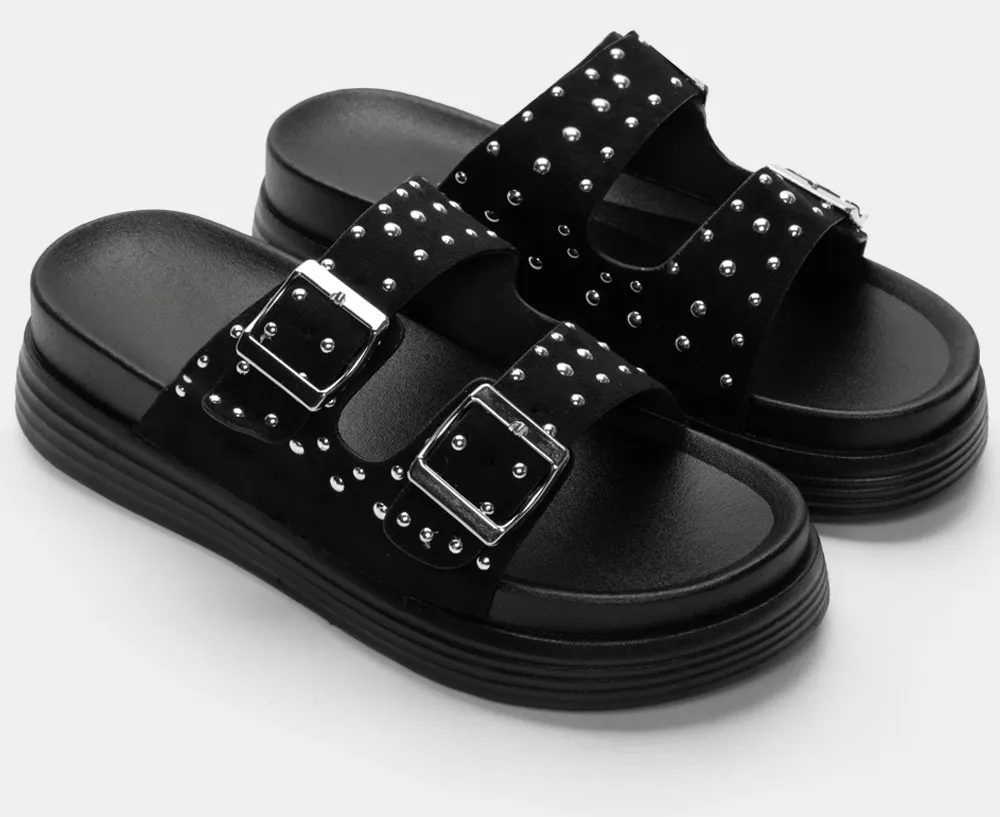 Σανδάλια Flatform με Διπλές Τόκες & Τρούκς - Μαύρο