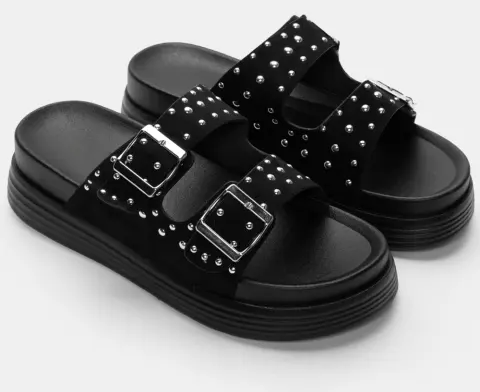 Σανδάλια Flatform με Διπλές Τόκες & Τρούκς - Μαύρο