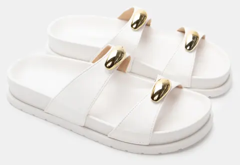 Σανδάλια Flatform με Διπλά Λουράκια & Διακοσμητικό - Λευκό