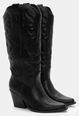 Μπότες Cowboy Μυτερές με Κέντημα - Μαύρο-Ματ