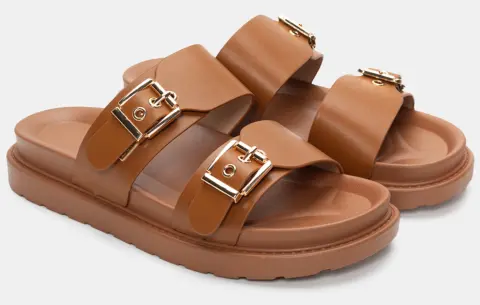 Σανδάλια Flatform με Διπλές Τόκες - Κάμελ