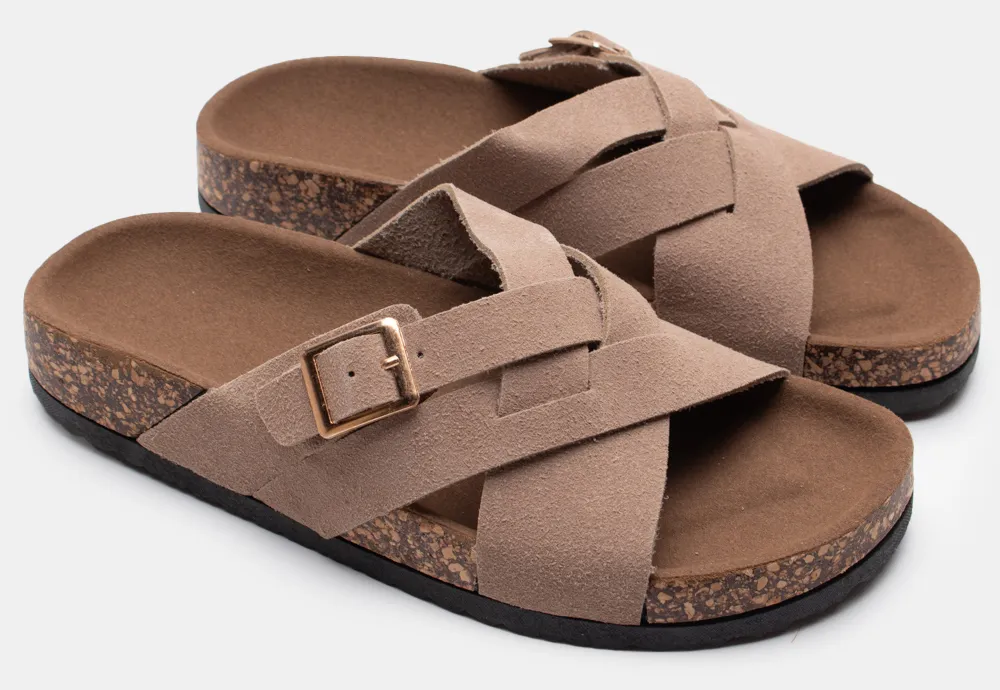 Σανδάλια Flatform με Χιαστί Λουράκια - Μπεζ-Σκούρο