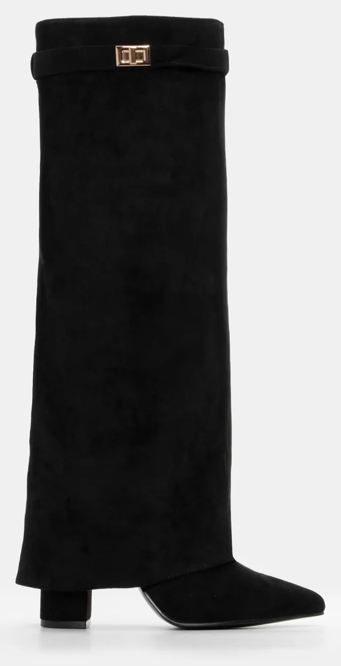 Μπότες με Εφέ Αναδιπλούμενης Φάσας & Διακοσμητικό Λουράκι - Μαύρο