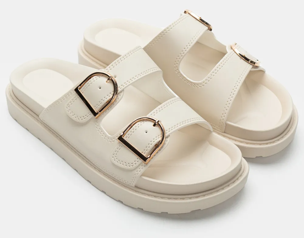 Σανδάλια Flatform με Διπλές Τόκες - Μπεζ